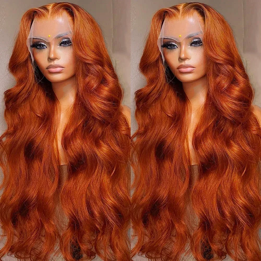 32 34 Inch Orange Ginger HD Lace Front Wig Human Hair 13x4 Body Wave Frontal Wig Pre Plucked Colored Human Hair Wigs For Women