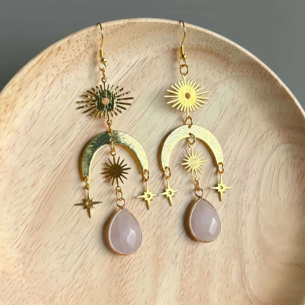 Bohemia Teardrop-shaped Natural Crystal Gemstone Quartz Gold Color Sun Moon Phase Dangle Earrings for Women Celestial Jewelry