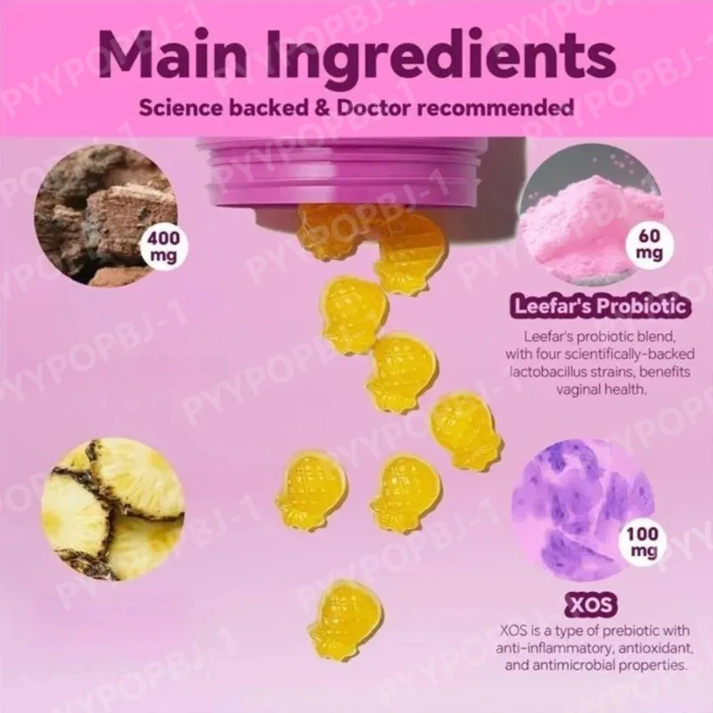 Women's Probiotic Gummies for Intimate Freshness, pH Balance & Moisture Support, Slippery Elm, Prebiotics, Pineapple, 60 Count