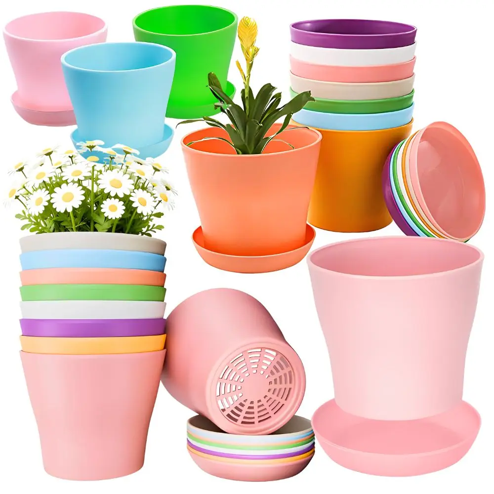 5/6/10pcs Random Color Plastic Flower Pots Breathable Drainage Plant Container For Indoor Small Plants YMY