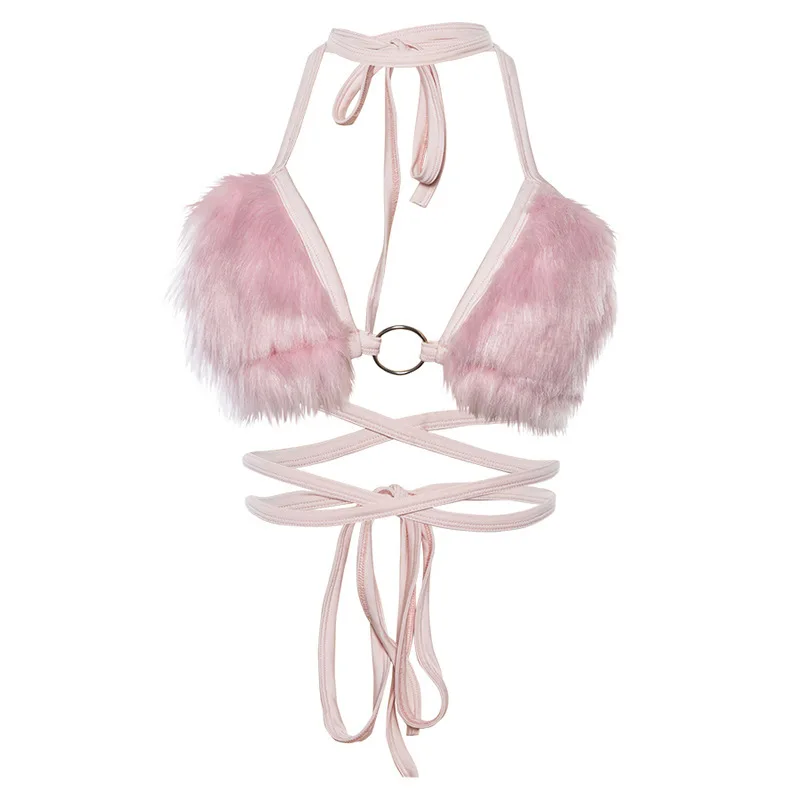 

Women Faux Fur Bikini Top Sexy Lace-up Triangles Deep V Bikini Bra Top Halter Backless Cami Club Patchwork Camisole