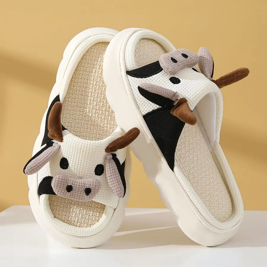 Hot Sale Women Milk Cow Linen Slippers Four Seasons Men Indoor Sandals Adults Cartoon Slides Couples Cute Breathable Home Shoes