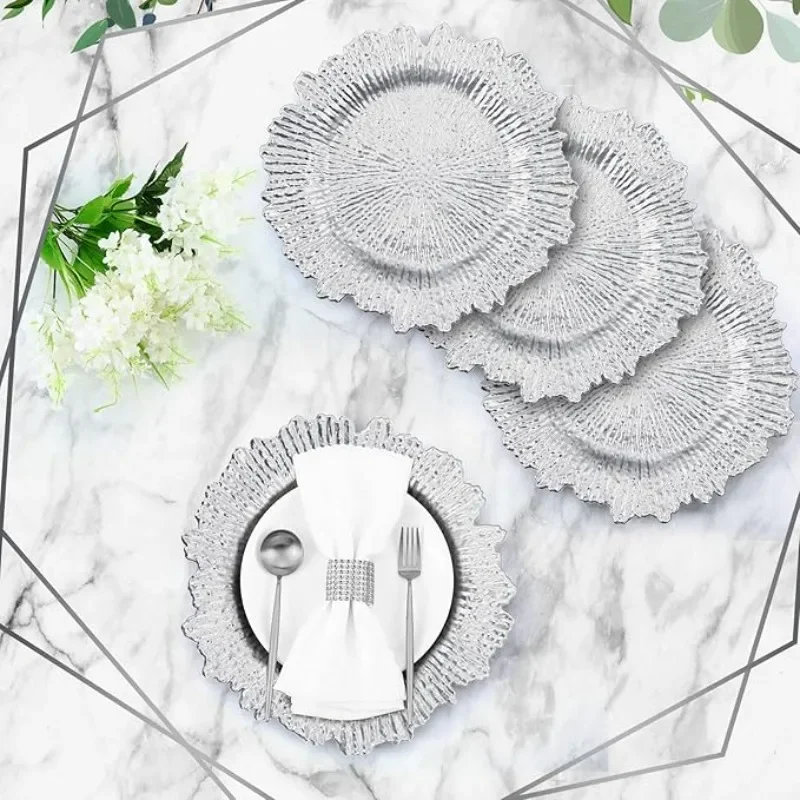 50 Pcs 13 Inch Charger Plates Bulk Plastic Plate Chargers with Floral Reef Design Round Ruffled Rim Dinner Charger Plates