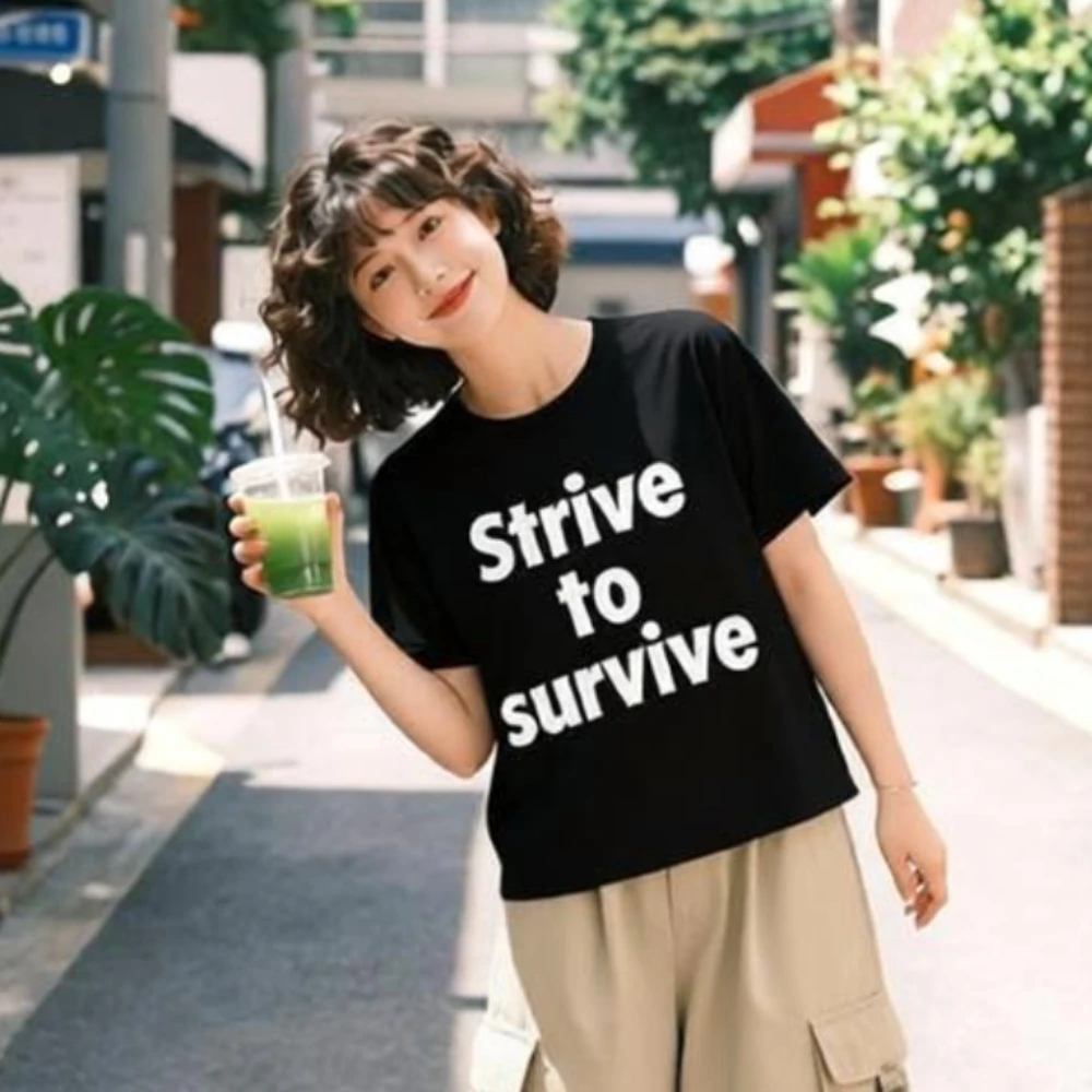Strive To Survive Letter Print Short Sleeve Women T-shirt Crewneck Casual Daily Street Vintage Trendy Women Minimalist Loose Tee