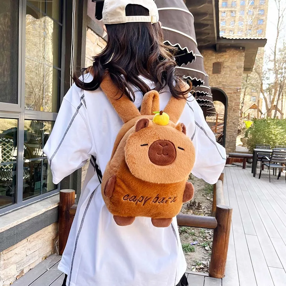 

Thickened Capybara Backpack Embroidered Lightweight Cartoon Animal Daypack Furry Brown Large Capacity School Bag