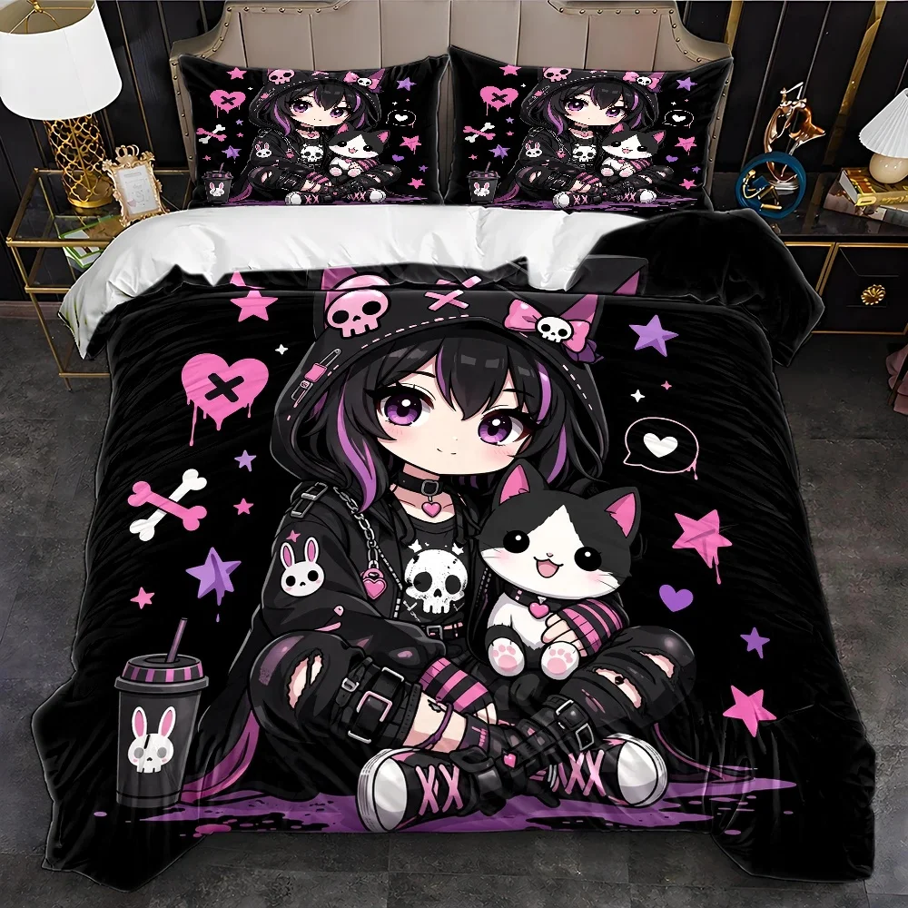 3Pc Dark Sweet Cool Style Anime Girl Duvet Cover Set, Bedding Three-Piece Set (1*Duvet Cover + 2*Pillowcases), Gothic Style Cartoon Print Bedding, Suitable for All Seasons, Machine Washable, Invisible Zipper Design, Large Double Bed Cover Set, Suitable for Home, Dorm, Master Bedroom, Guest Room, Trendy Cool Distressed Elements Bedding, Cute Skull Cat and Rabbit Patterns, Ins-Style Internet Celebrity Bedroom Bedding Set