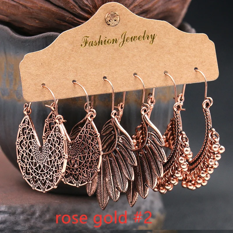 3Pairs Women's Fashion Jewelry Vintage Bohemian Ethnic Carved Dangle Earrings for Women Wedding Engagement Party Banquet Earring view 3