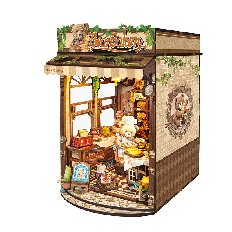 Kits de construction miniatures ours en bois, bricolage, boulangerie, chalet, maisons de poupées avec meubles lumineux, Casa pour amis, cadeaux d'anniversaire