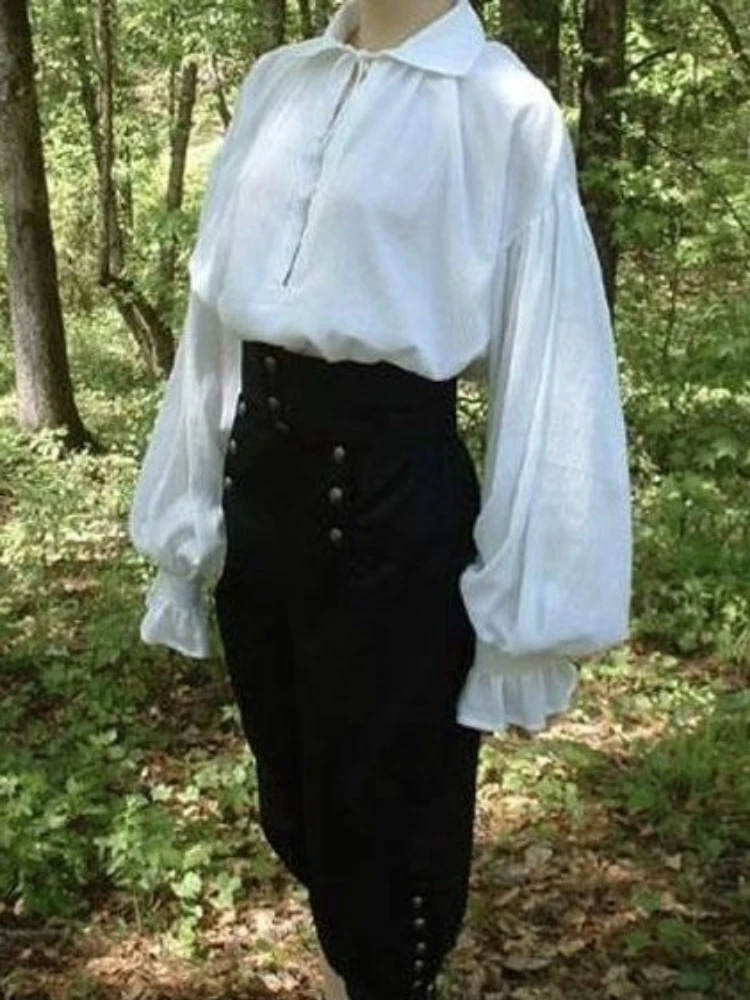Wiktoriańskie spodnie typu Bloomer w stylu Vintage Steampunk gotycki muszkieter renesansowy pirat falbany z falbanami z przodu spodnie marynarskie męskie kobiety