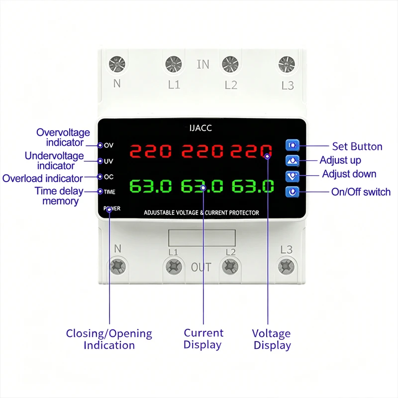 Din Rail 3-Phase Adjustable Over Voltage Under Voltage Protection 63A 80A 100A 380V Digital Display Voltage Current Protector