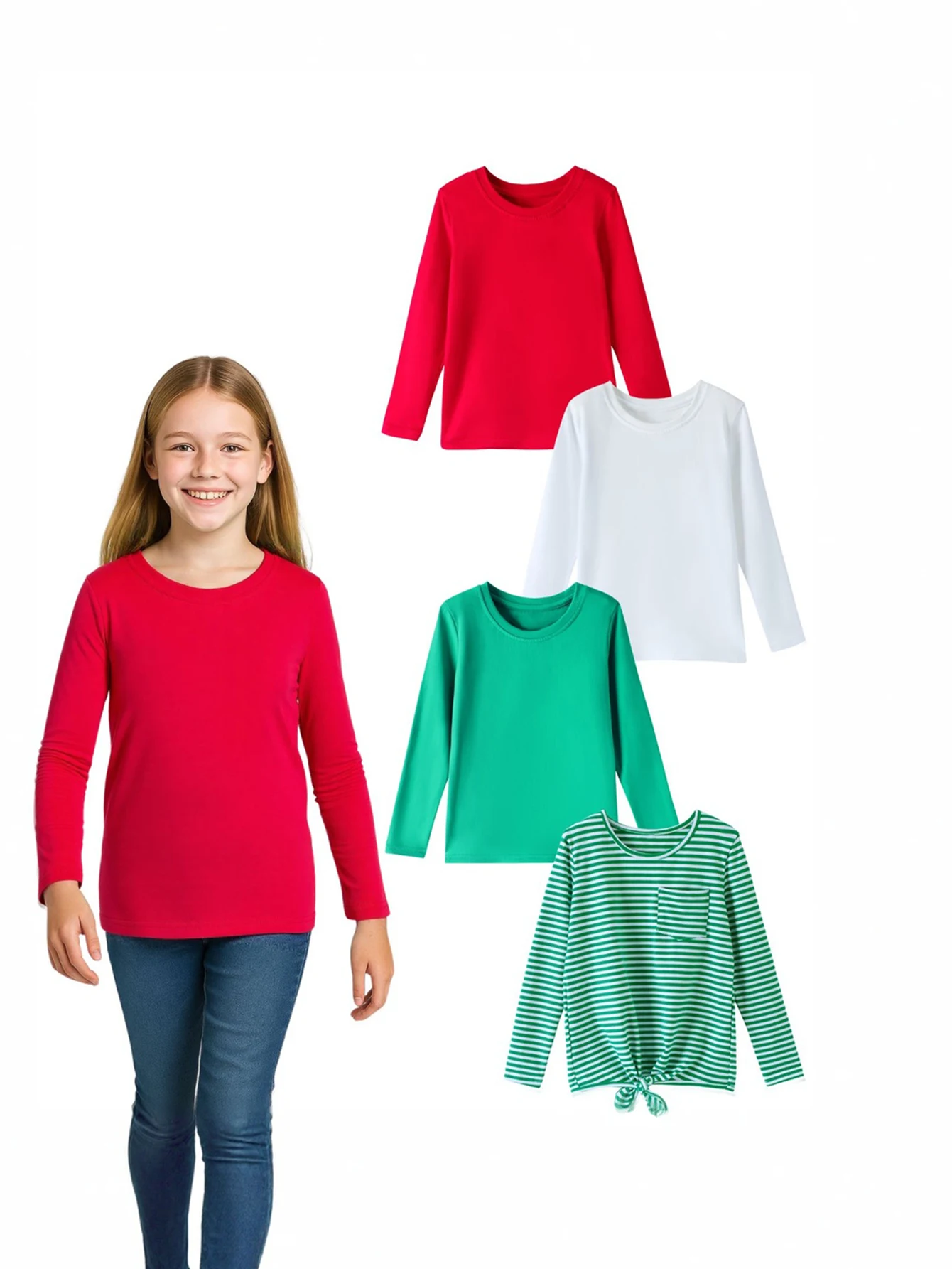 

The 4-piece autumn and winter girls' basic long-sleeved pure cotton solid color and green striped top is the featured T-shirt