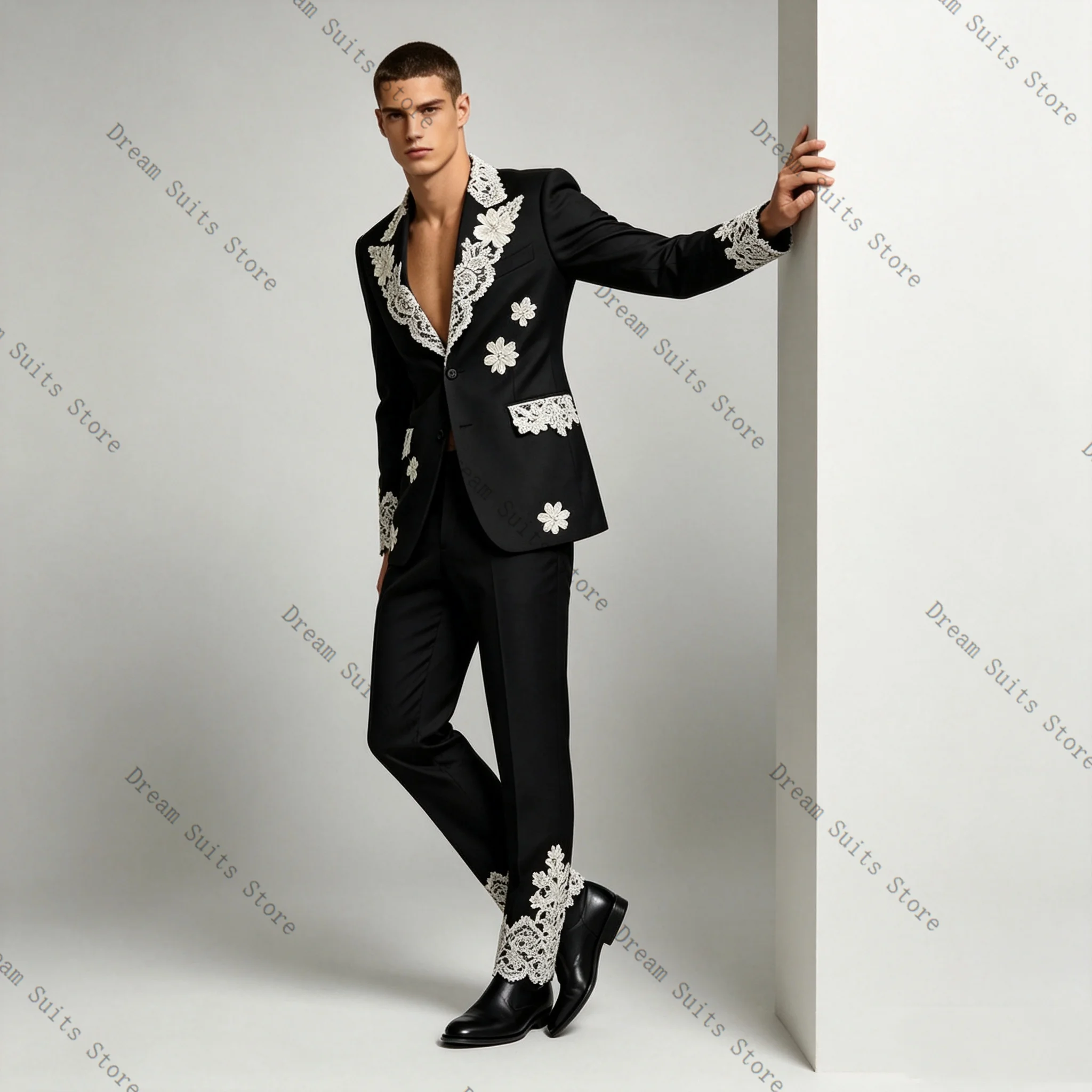 

Black Men Suit Set 2 Pcs Blazer+Pants Trousers Cotton Appliqued Customized Formal Office Jacket Wedding Tuxedos Prom Coat