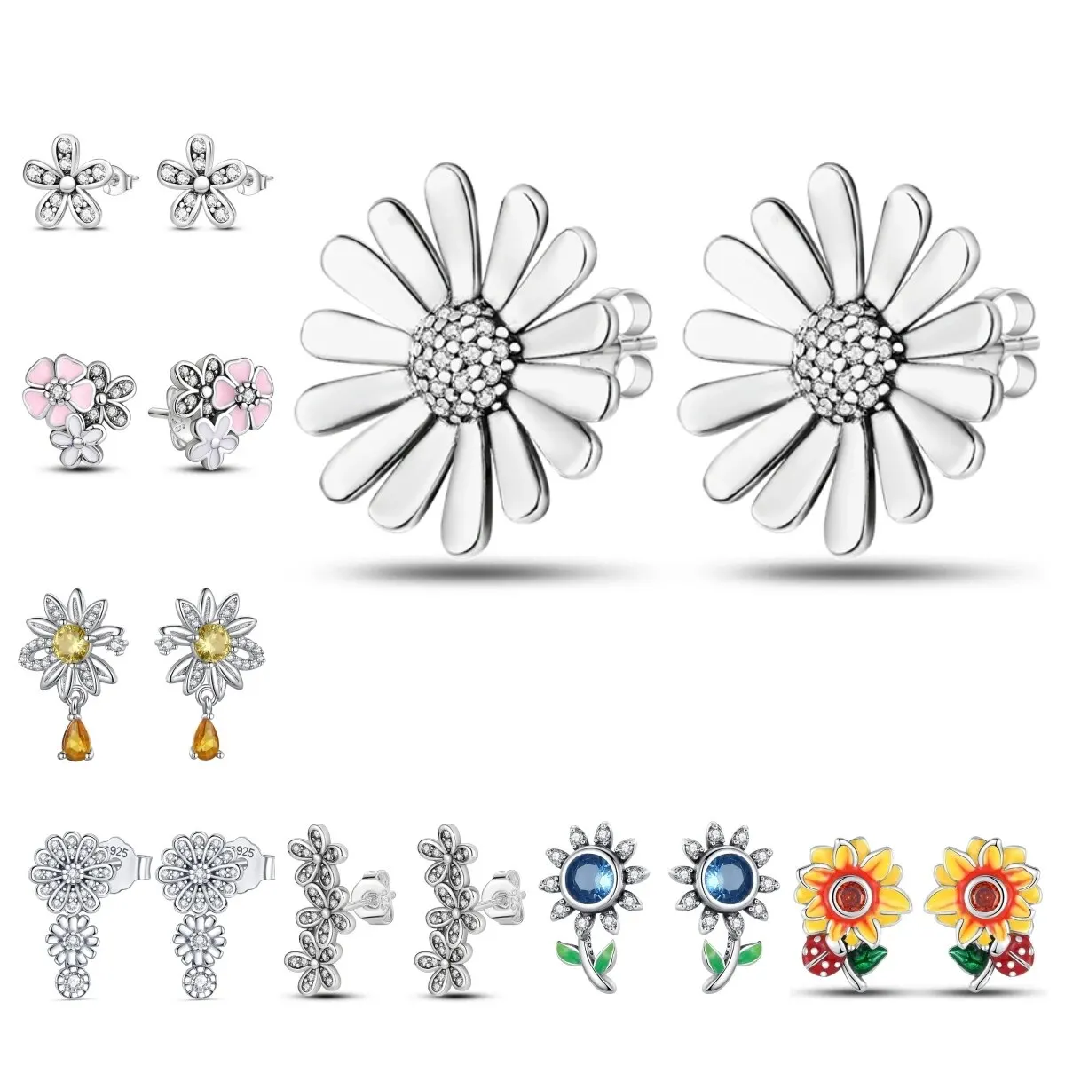 NEW 925 Silver Ear Jewelry Sunflower Flowers Plants Design Stud Earrings Trendy Female Luxury Fine Engagement Wedding Earring