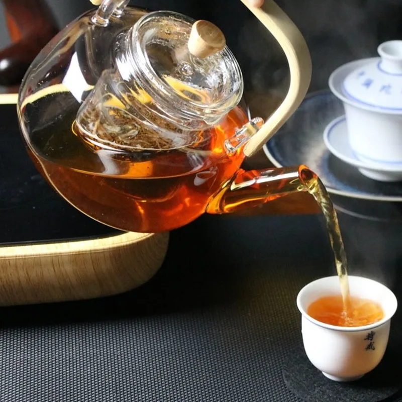 Glass Teapot Heat-Resistant Borosilicate Glass Teapot Boiling Teapot Thickened Bamboo Handle Teapot Household Tea Set WF