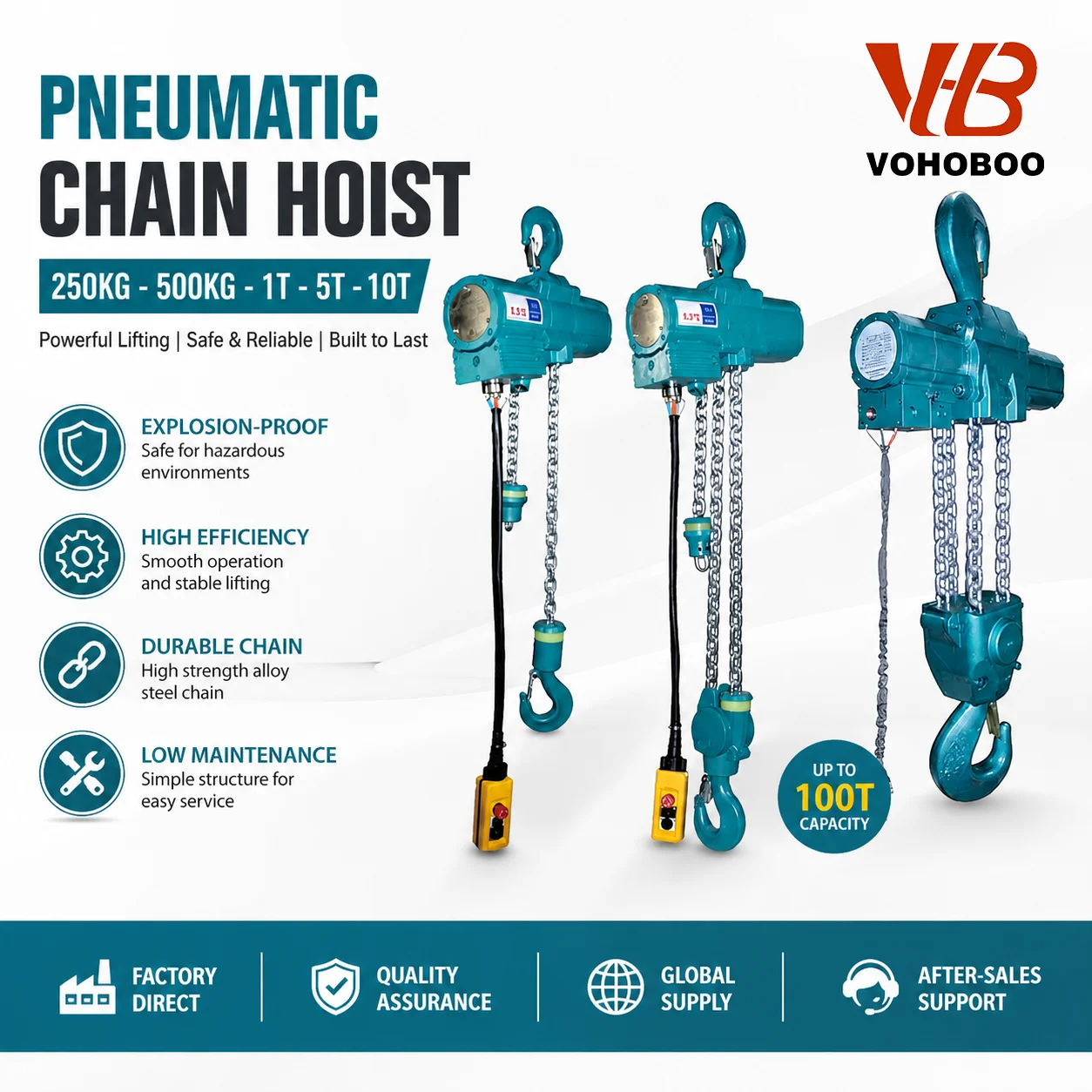 Factory Direct Sales 250kg 500kg 1 Ton 5 Ton 10T Lifting Pneumatic Air Hoist Winch Pneumatic Chain Hoists