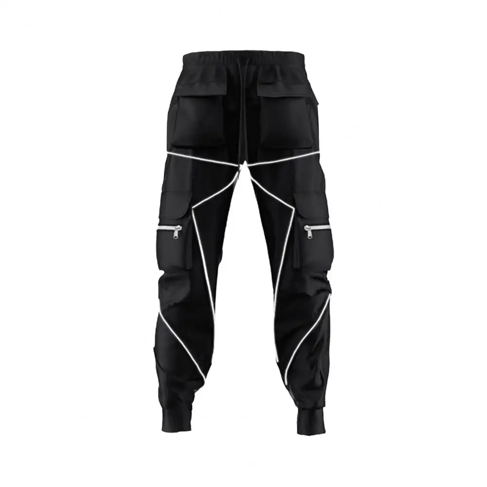 Loose Pants Reflective Patchwork Cargo Pants for Men with Ankle Bands Multi Pockets Loose Fit Straight Leg Trousers for Outdoor