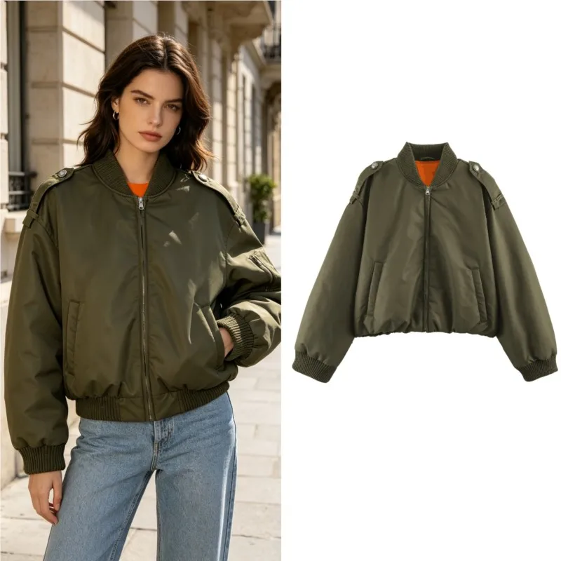 Women's Winter Jacket 2026 New Casual Round Neck Long Sleeve Straps Zipp Coat Fashion  Lady Streetwear Outerwear Short Tops