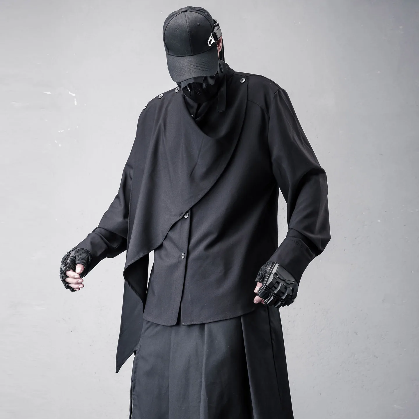 Designer Dark Deconstruction Design Irregular Long Sleeve Shirt New Chinese Style Scarf Shirt for Men