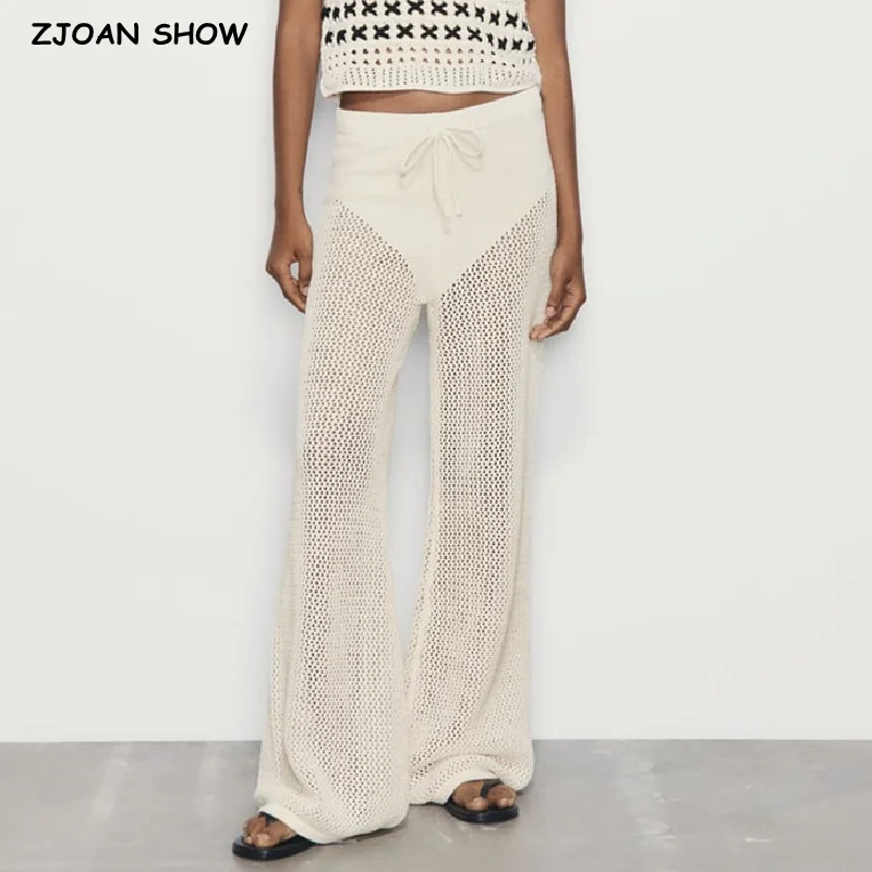 2023 BOHO Milky Hollow Out Hole Hand Crochet Pants Woman Bow Elastic Waist Straight Holiday Trousers Beach Long Bottom