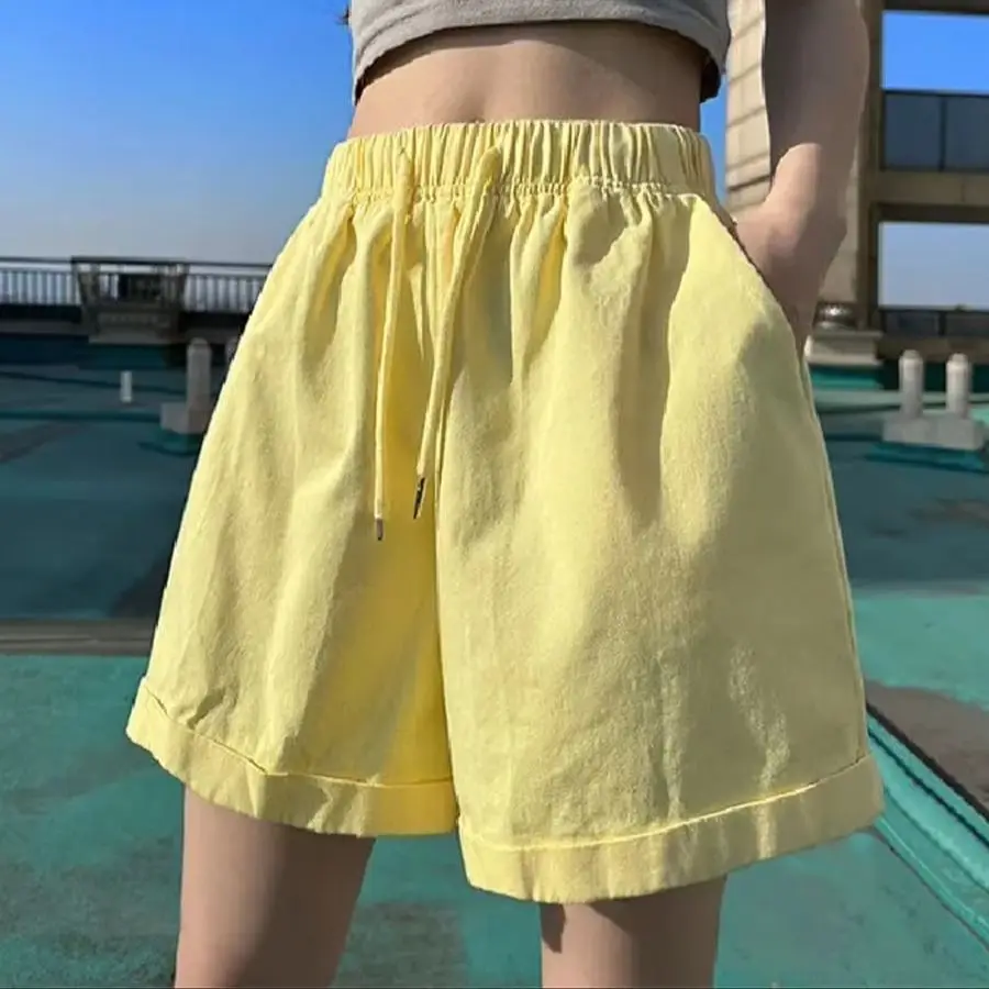 Summer Candy Colors Wide Leg Shorts Women Comfortable Loose Elastic Waist Shorts Y2k Emo Korean Chic Pockets Short Pants Female