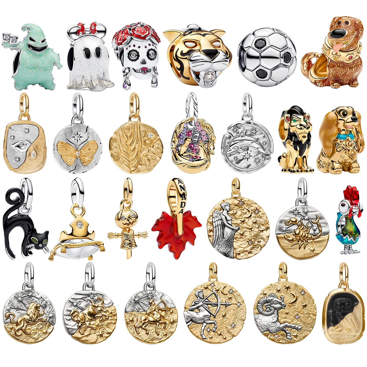 Original S925 Silver Zodiac Animal Charms Ghost Sugar Skull Tiger Dog Soccer Constellation Medallion Beads Fit Bracelet Jewelry