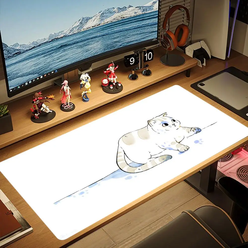 Large Gaming Mouse Pad Line Watercolor Cute White Kitten Swimming Cat XXL Non-Slip Rubber Keyboard Deskmat Office Table Mat
