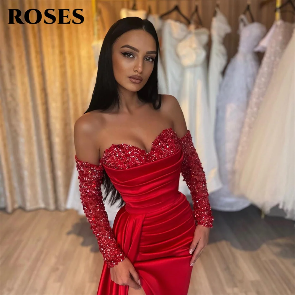 ROSES Red Long Off The Shoulder Party Dress Sequin Vintage Night Dress With High Split Celebrity Dress Custom vestidos de fiesta