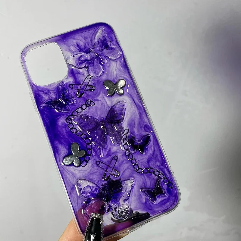 4072 Original 3D Handmade Cell Phone Case Butterfly Chain Dark Gothic Art Horror Punk Style Customized Halloween Christmas Gift