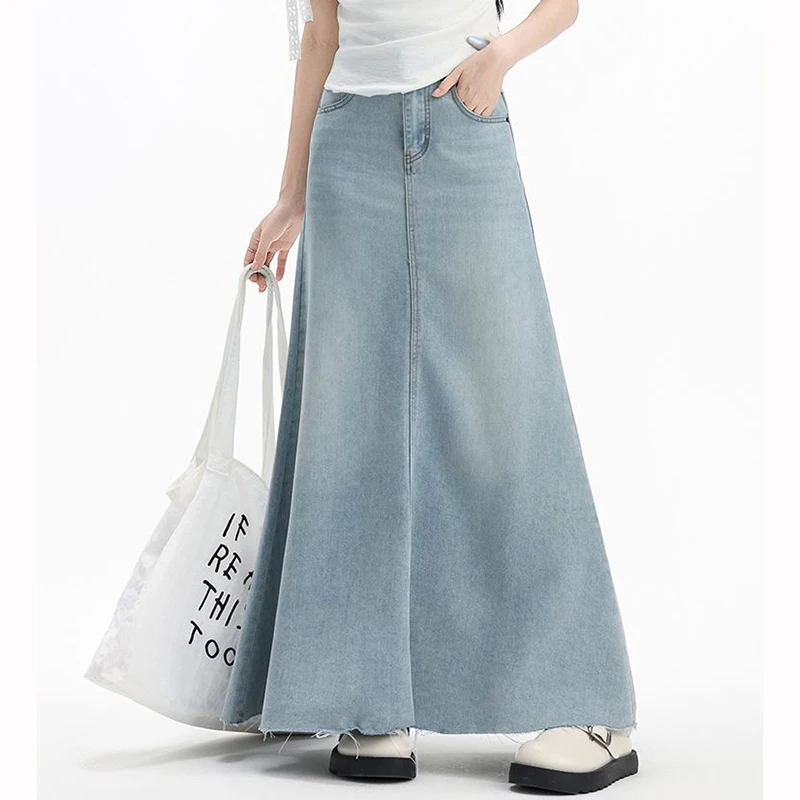 Summer Female Light Blue High Waist Jeans Skirts Women Fashion Thin Mid-Long Denim Skirts Girls Chic Korean Solid Denim Dress