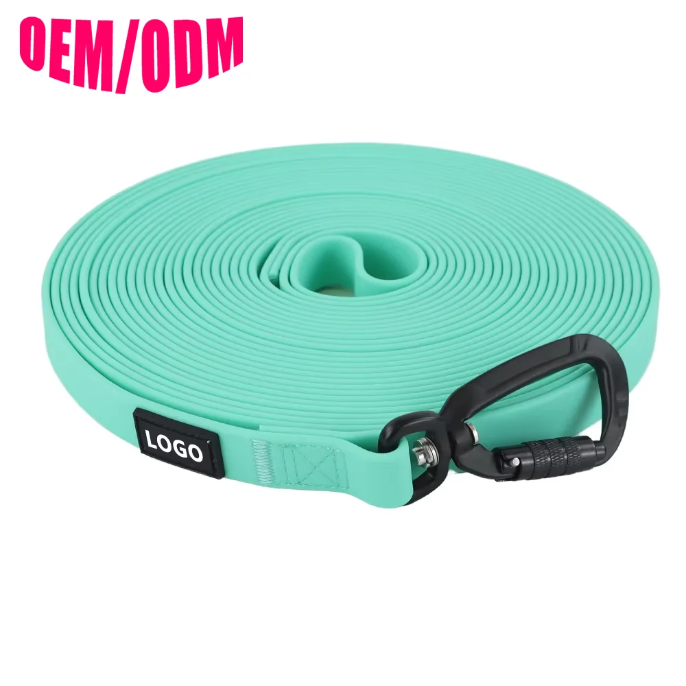 hot salt5m 10m Luxury Solid Pattern Pvc Pet Leash Waterproof Iron Long Line Dog Leash with Ribbons and Aluminium Alloy Carabiner