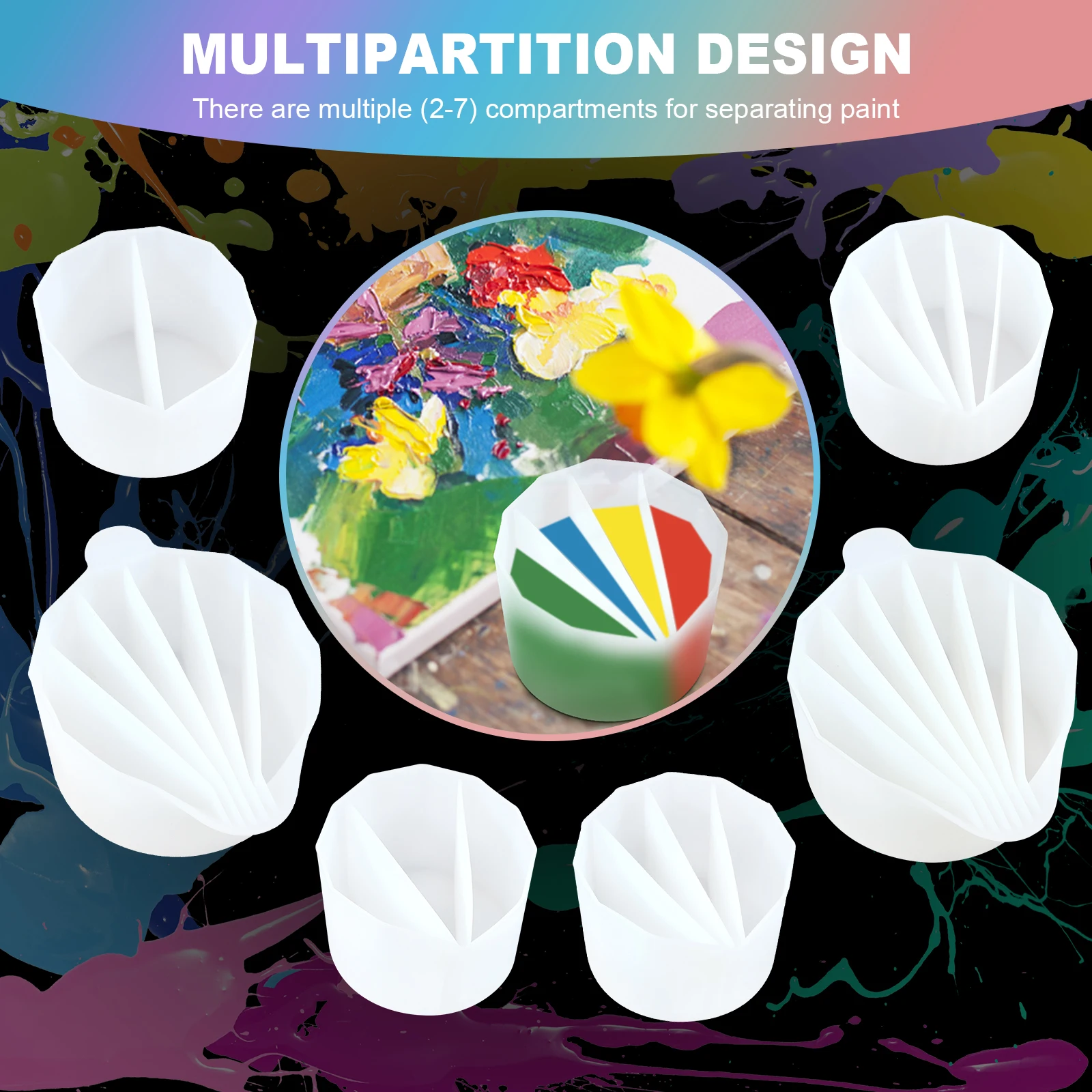 7 Pcs Split Cups Resin Mixing Cups with 2 to 7 Channels Dividers Silicone Resin Molds Reusable Fluid Art Split Cup White Pour