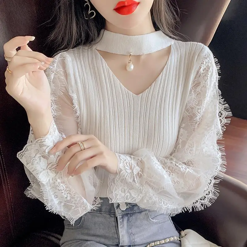 Sweet Hollow Out Princess Sleeve Beading Gauze Lace Blouses Female Clothing Spring Autumn Loose Korean Tops All-match Shirts