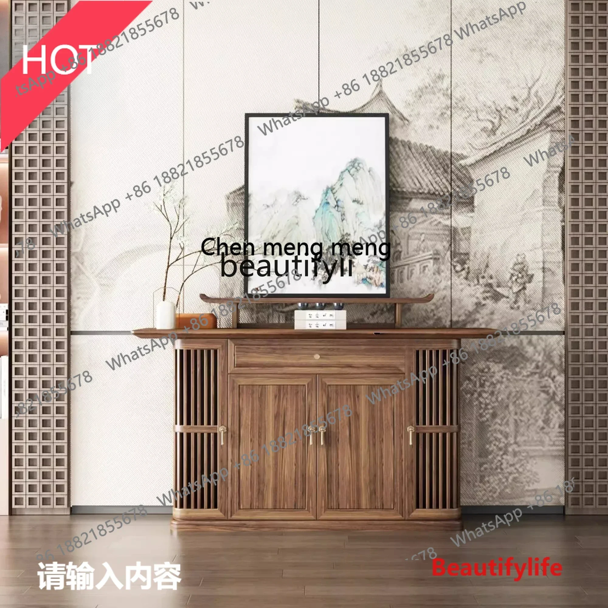 ss 8617New Chinese-style solid wood porch cabinet, simple Zen ash wood side cabinet against the wall, living room