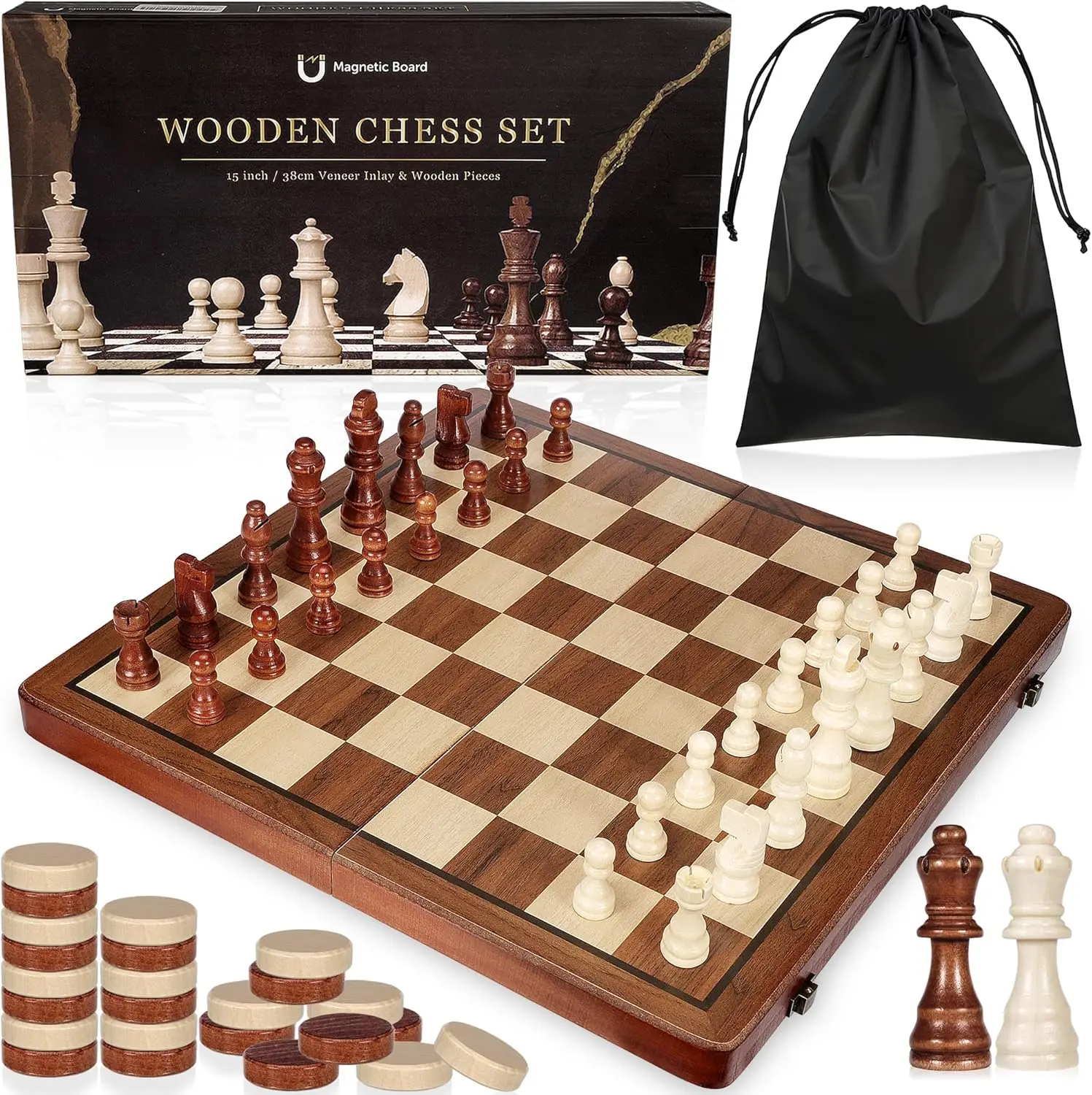 

2-in-1 Wooden Chess & Checkers Set with Magnetic Pieces, Folding Travel Board, Portable Storage, Includes Carry Bag