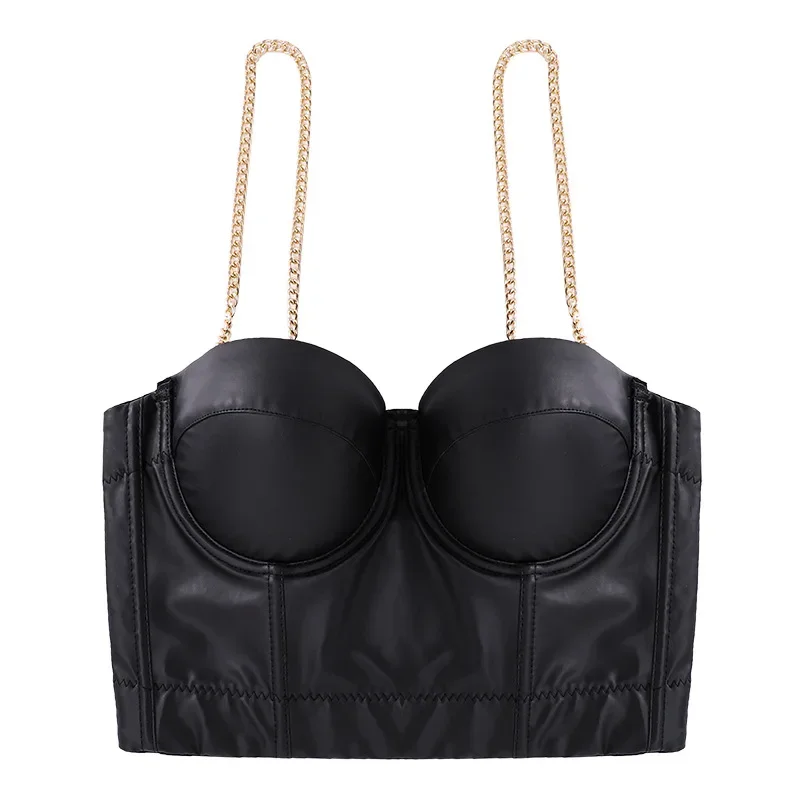 Gold Chain Straps Women's Solid Color Dance Vest Sexy European and American Bras PU Leather Chest Wrap Underwear  Push Up Bra