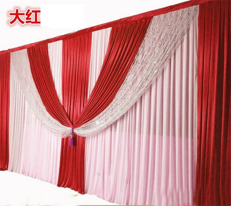 

10x20ft White Ice Silk Wedding Backdrop Curtain With RED Drape Valance Stage Backdrops Background For Party Event Decoration