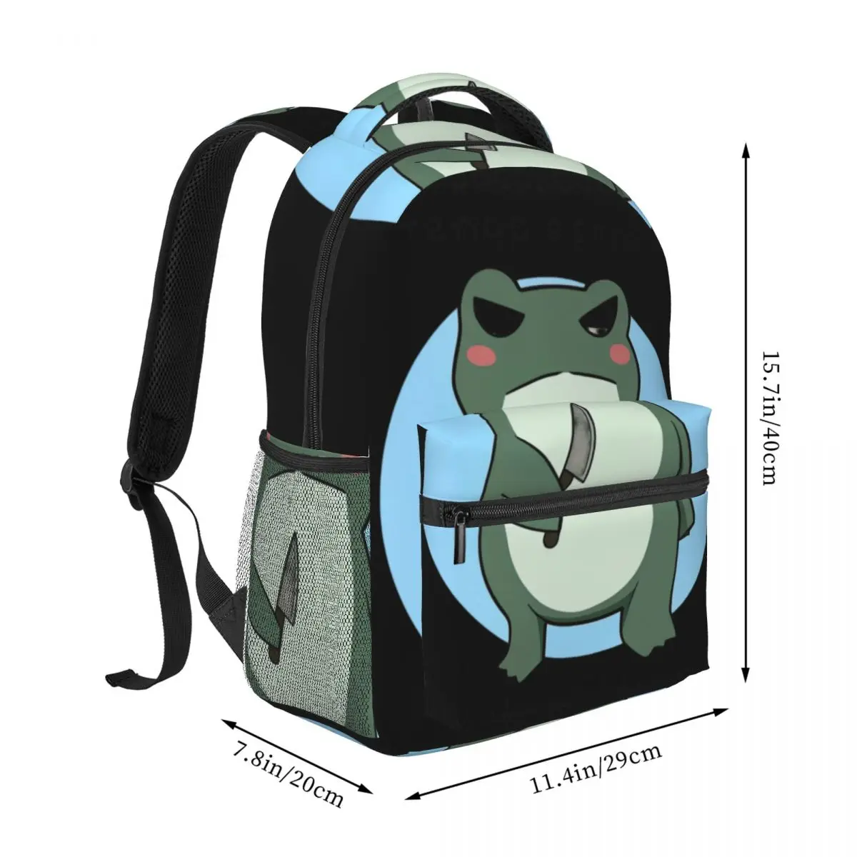 Animal Print Backpack Center Angry Frog Knife Quote Cute Kawaii Meme Cartoon Green Blue White Laptop Bookbag for School Office