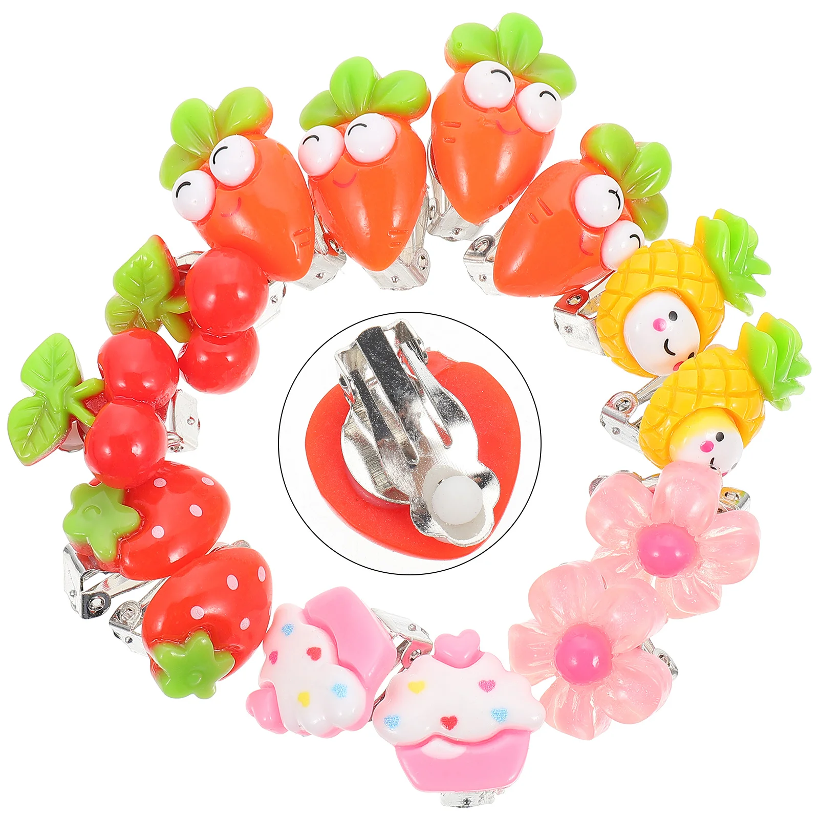 

7Pairs Cartoon Ear Clips for Bright Colorful Resin Ear Decorations Star Cake Cherry Sunflower Straw Hat Rose Flower