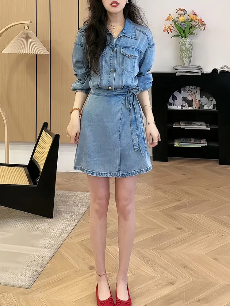

Retro Hong Kong Sle Denim Dr Women's Summer New Waist Cinch Tie Collar irt A-Line ort Skirt Casual Faion Set