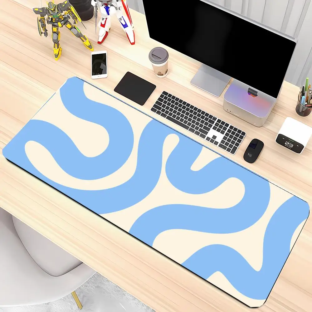 Soft CreamLightBlue Simple WavyCurve HDPrint Table Mat Natural Rubber For Gaming Laptop Office Desktop Worktop