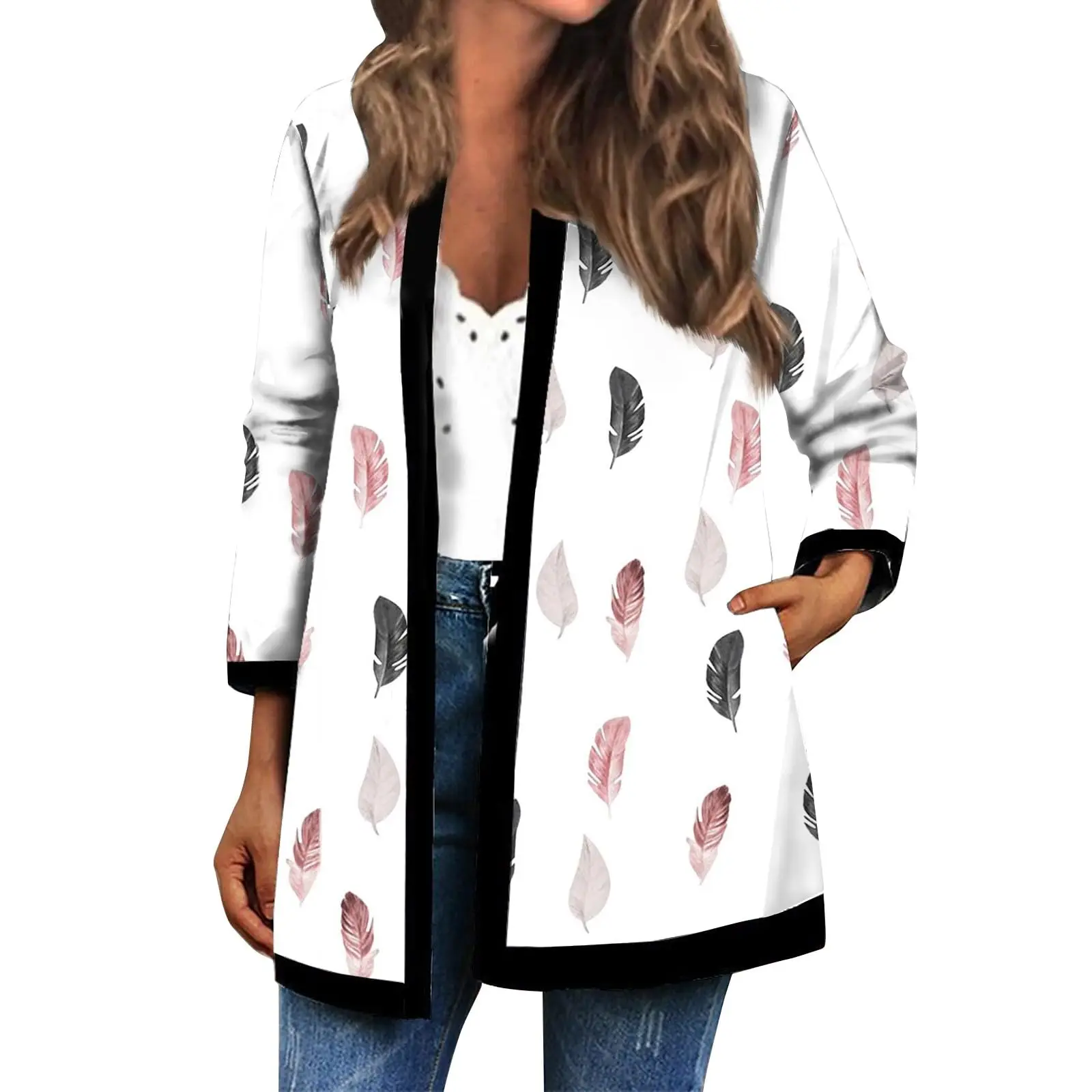 

Женское осенне-зимнее пальто, 3D элегантный узор с перьями, свободная накидка с открытым передом, повседневная женская одежда из полиэстера