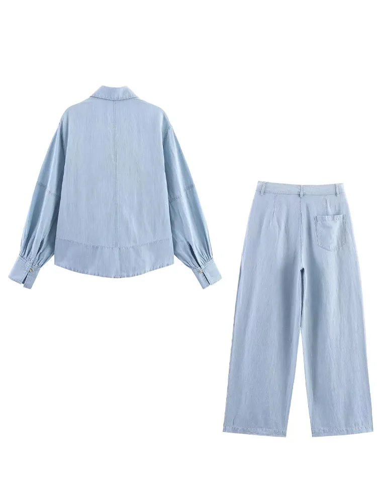 HH Camicie a maniche lunghe con colletto rovesciato moda donna estiva + tasche sottili con bottoni con cerniera Pantaloni dritti Set da 2 pezzi in denim