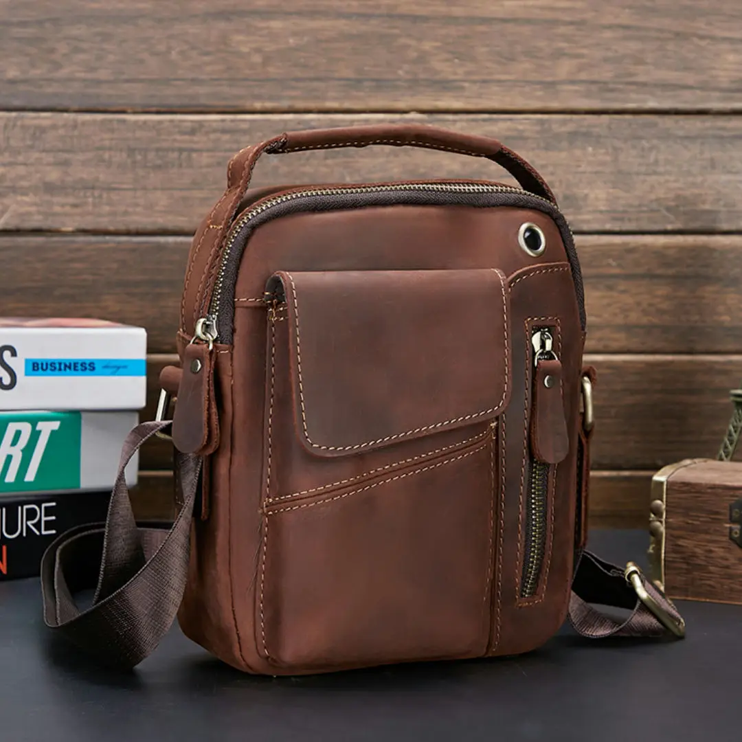 New Men Cowhide Crazy Horse Leather Crossbody Bag, Multi-functional Outdoor Business Trendy Casual Shoulder Messenger Sling Bag