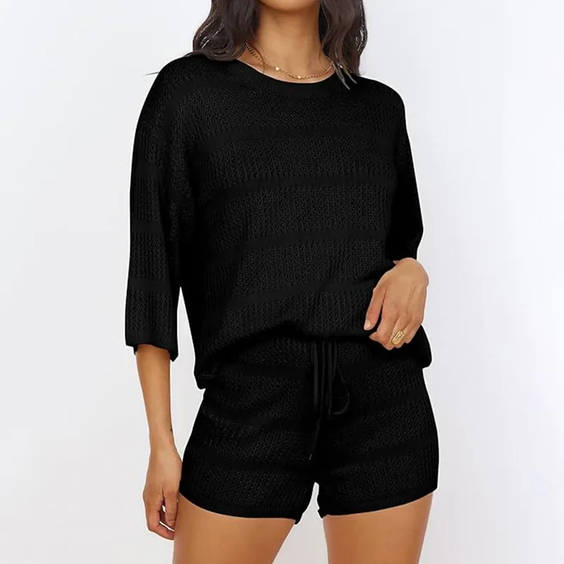 Summer Two-Piece Cover Up, Hollowed Out Knitted Top, Shorts, Vacation Beach Leisure Set