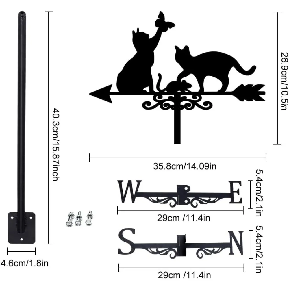 Cats Weathervane Wrought Iron Wind Vane Cats with Butterfly Animal Metal Weather Vane Roof Garden Direction Sign Weathercock