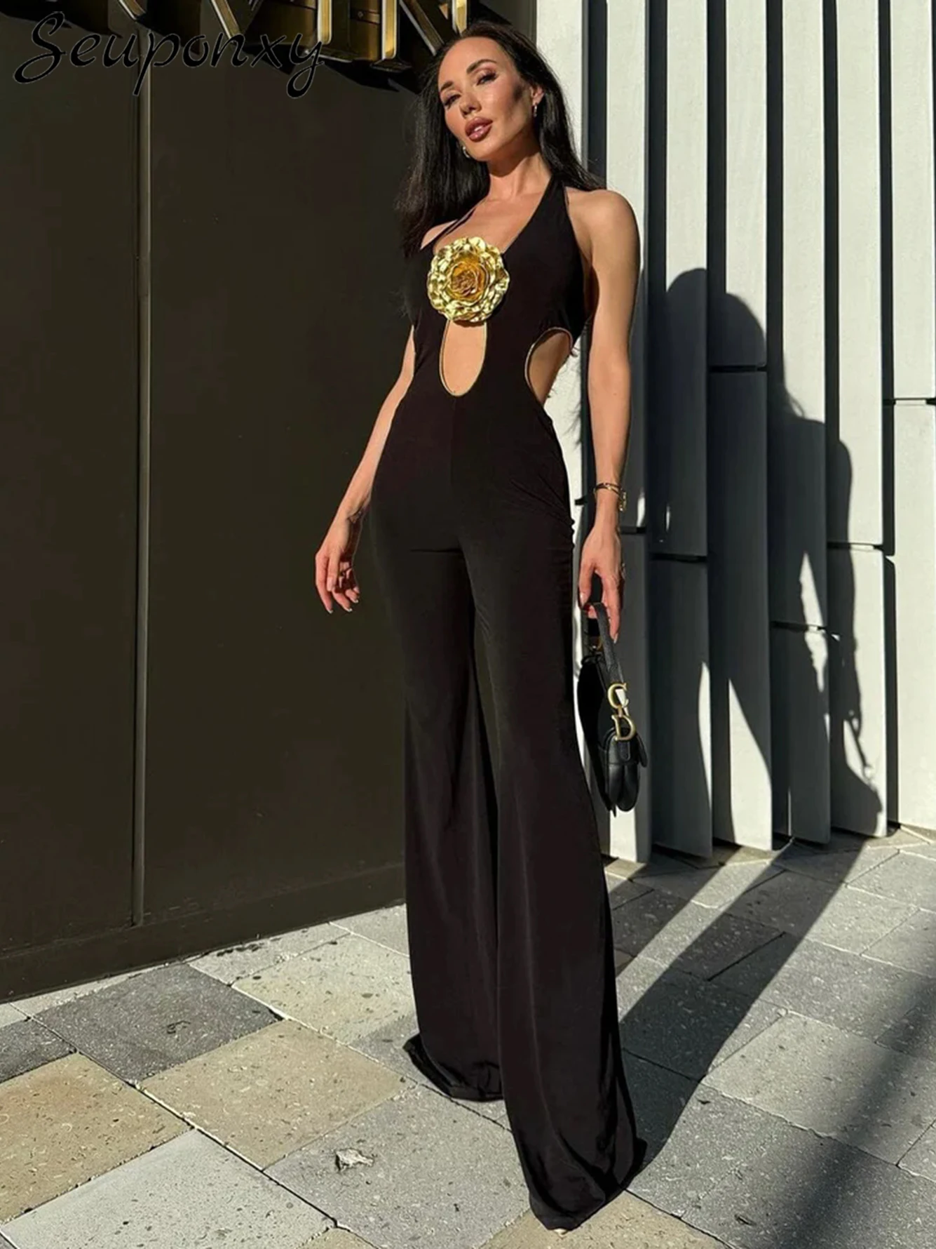 

High Quality Women'S Black Jumpsuit Sexy Sleeveless Hanging Neck 3D Flower Hollowed Out Backless Celebrity Party Flare Jumpsuit