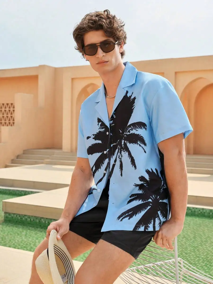 

Mens Tropical Palm Tree Print Short Sleeve Shirt And Shorts Beach Resort Outfit Summer Vacation Pool Wear
