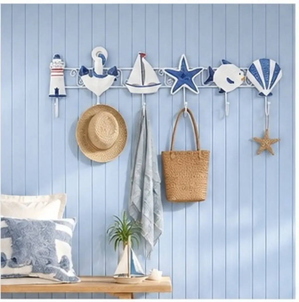 1Pcs Ocean Style Wooden Clothes Hanger Wall Mount Decorative Hook Creative Multi Function Hanging Organizer for Home Office Cafe