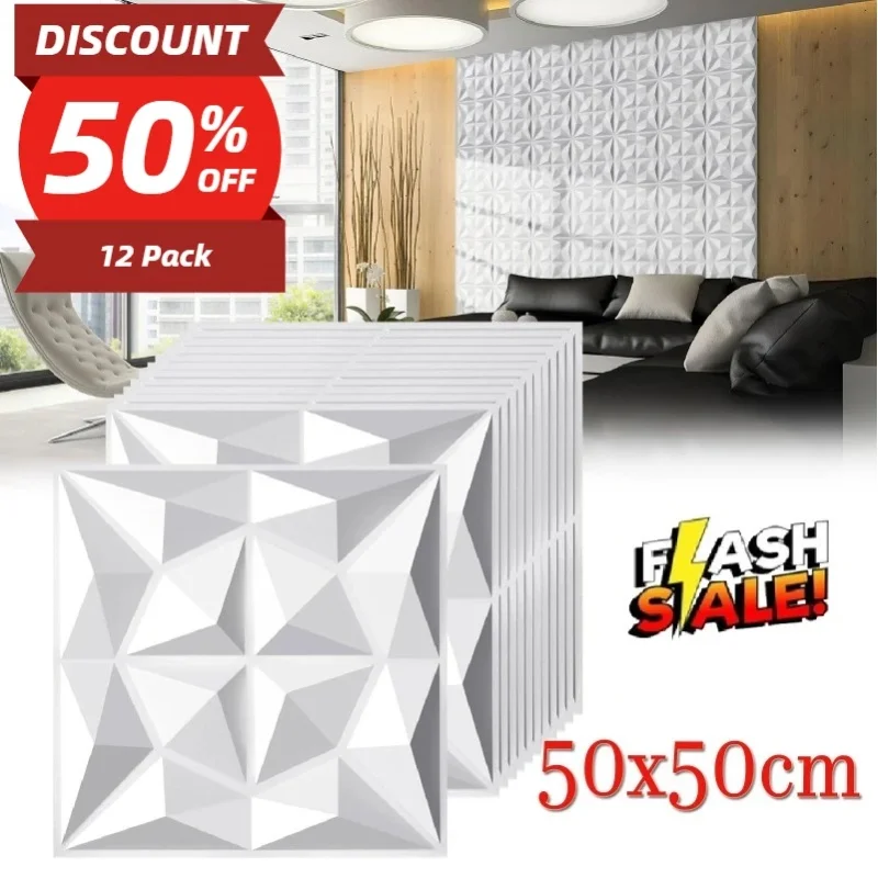 12 sztuk paneli ściennych 3D z PVC o wymiarach 50×50 cm, wodoodporne samoprzylepne naklejki ścienne o fakturze diamentowej, łatwa w montażu dekoracyjna tapeta DIY do salonu, sypialni, hotelu, tła TV, — Zdjęcie 2 z 2
