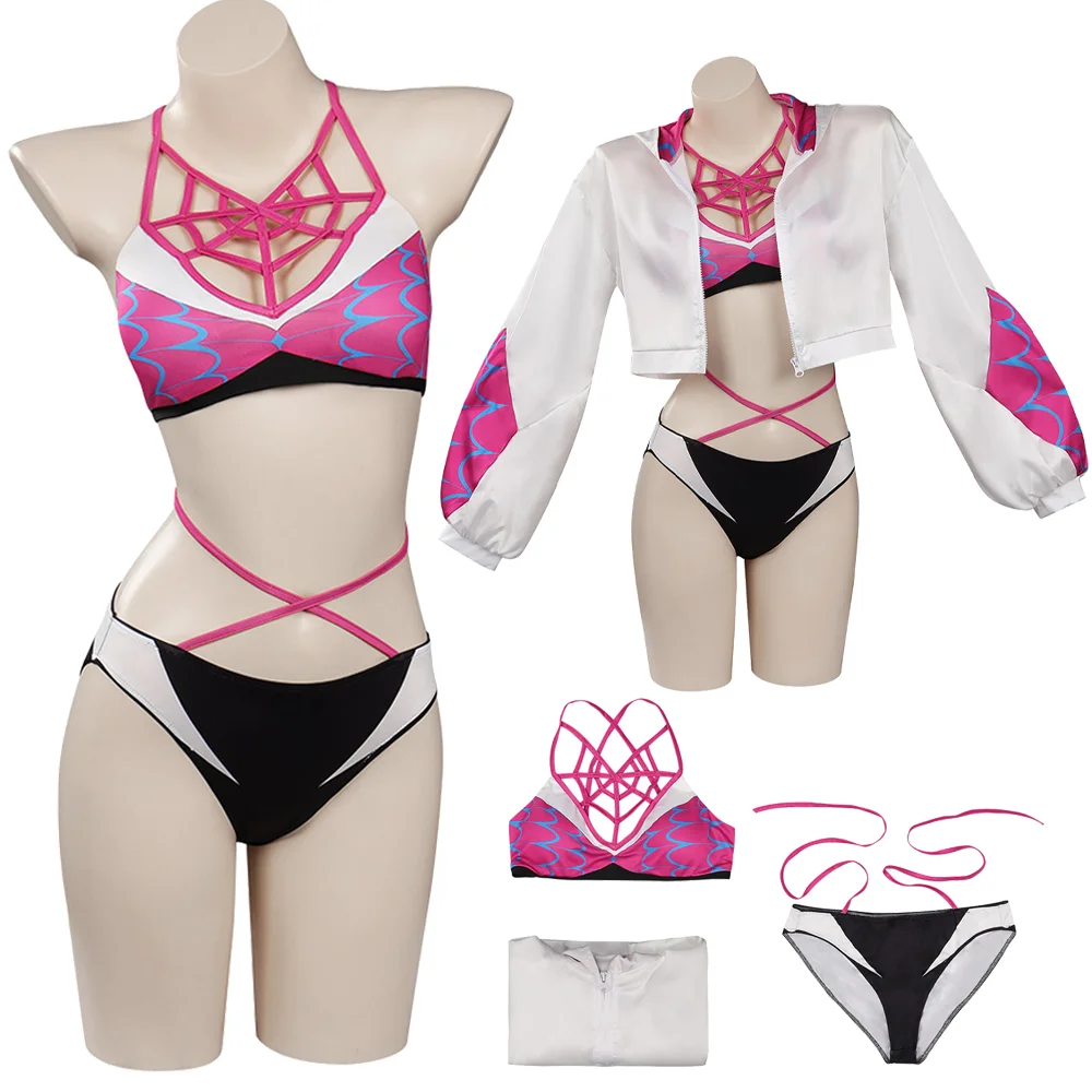 Women's&Girls Gwen Stacy Cosplay Costume Set Bikini Swimsuit with Matching Coat Halloween Carnival Party Disguise Fancy Outfit